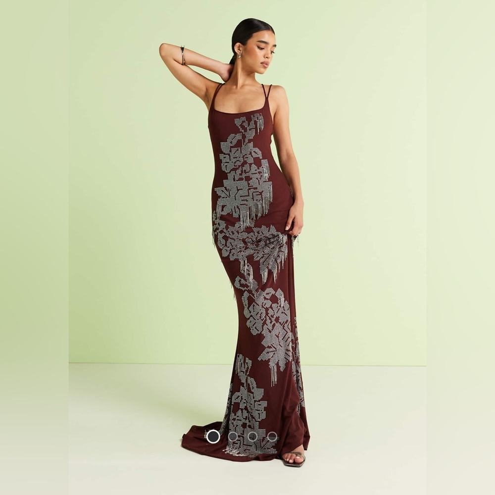 ASOS DESIGN square neck maxi dress with fringe embellishments in chocolate
